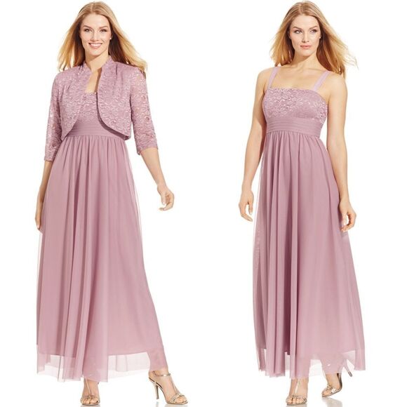 New! R&M RICHARDS 2-Piece Glittered Lace Dress & Jacket Set Size 14 Color Mauve - Picture 1 of 4